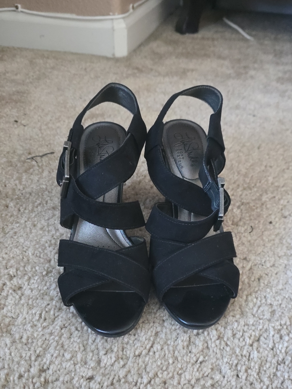 Life Stride Black Suede Strappy Slingback Heels